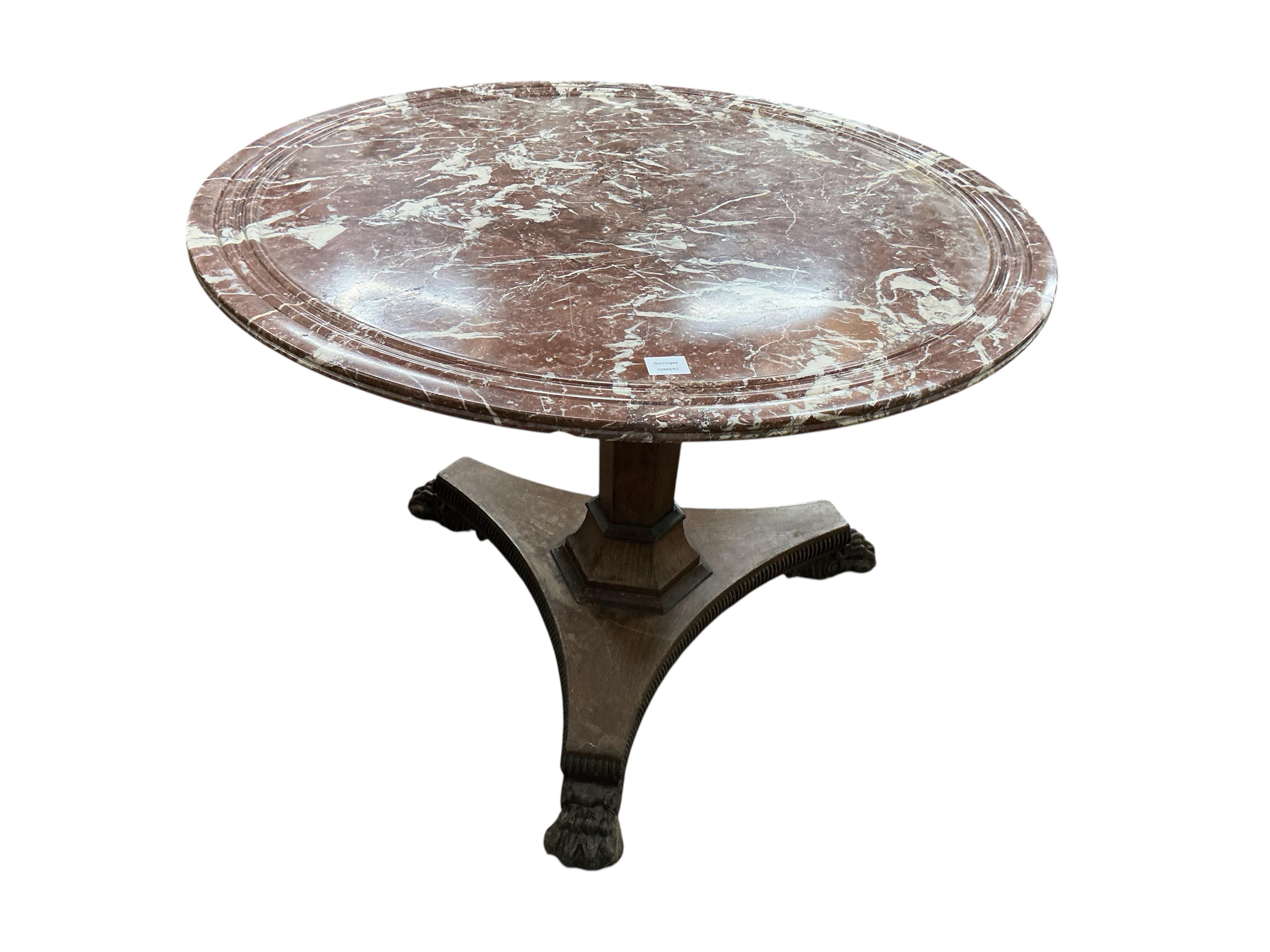 A William IV and later circular marble topped pedestal centre table, diameter 105cm, height 73cm, Provenance: The late Kenneth Turner (1936-2025), celebrity florist, designer and perfume retailer, he received the Royal W